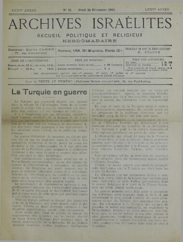 Archives israélites de France. Vol.75 N°52 (24 déc. 1914)